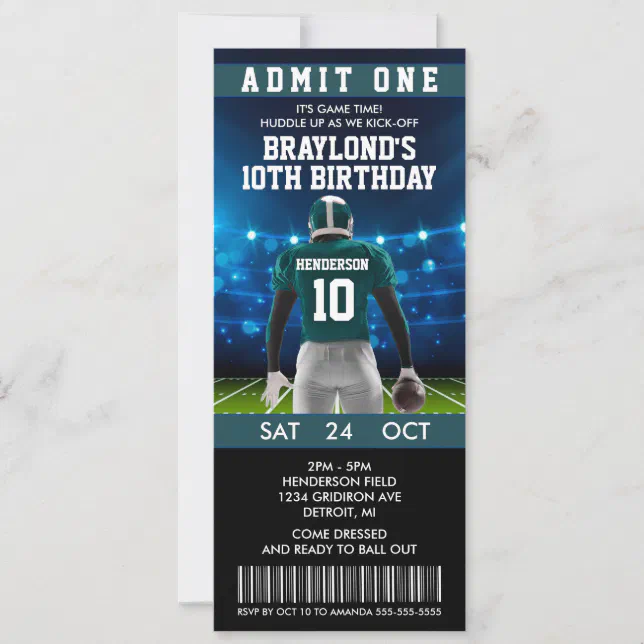 Dark Green Football Ticket Birthday Invitation | Zazzle