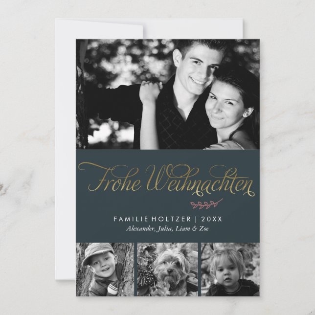 Dark Green Frohe Weihnachten Photo Holiday Card (Front)