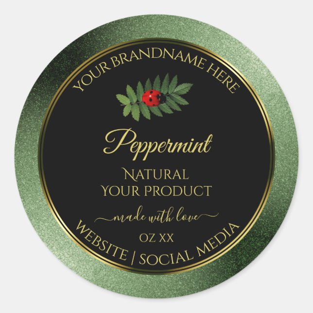 Dark Green Glitter Black Product Labels Ladybug (Front)