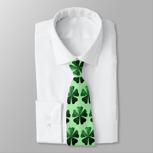 Dark Green glitter sparkle Shamrock Clover pattern Neck Tie (Tied)