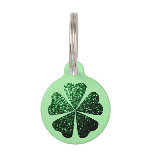 Dark Green glitter sparkle Shamrock Clover pattern Pet ID Tag