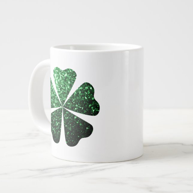 Dark Green glitter sparkle Shamrock Clovers Giant Coffee Mug (Front Left)