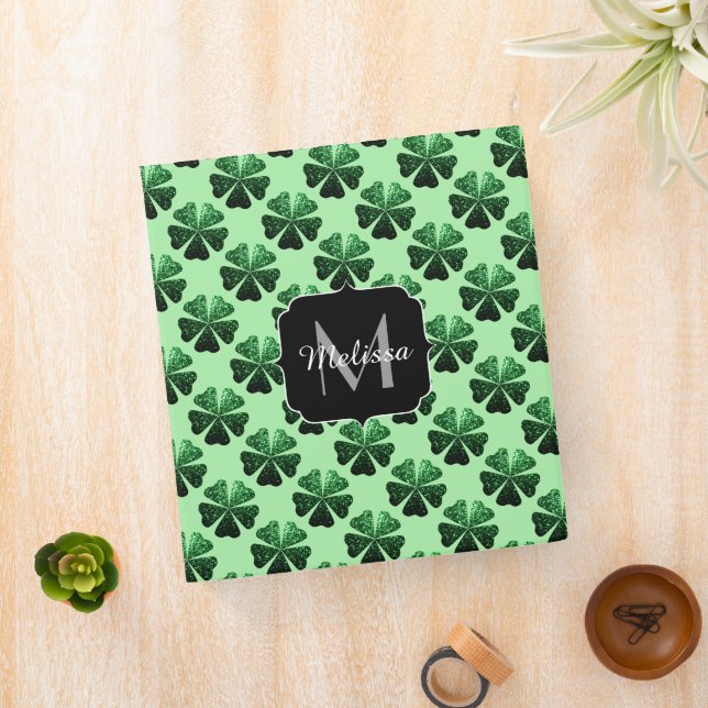 Dark Green glitter sparkle Shamrock Monogram 3 Ring Binder (In Situ)