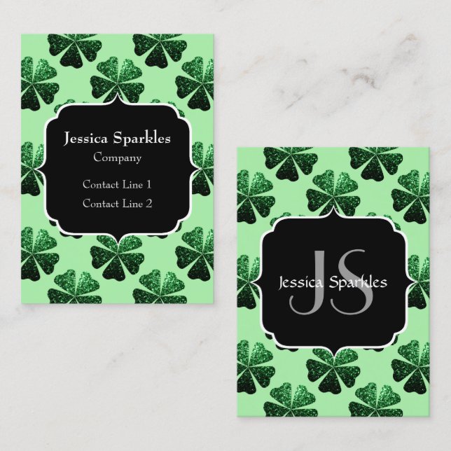 Dark Green glitter sparkle Shamrock Monogram Business Card (Front/Back)