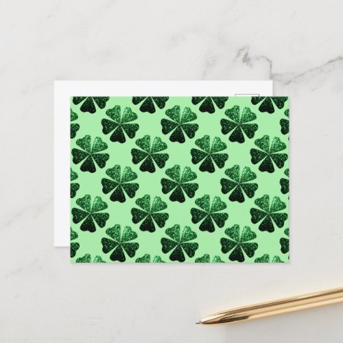 Dark Green glitter sparkle Shamrock pattern Postcard