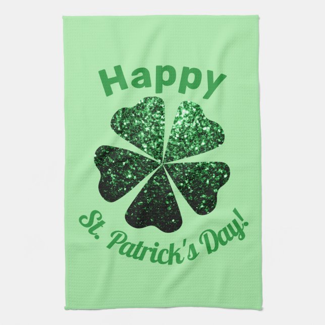 Dark Green glitter sparkle Shamrock St Patrick Day Kitchen Towel (Vertical)
