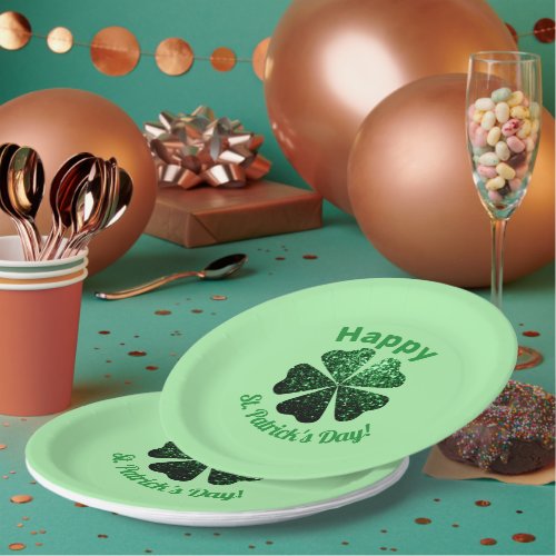 Dark Green glitter sparkle Shamrock St Patrick Day Paper Plates