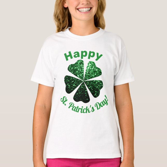 Dark Green glitter sparkle Shamrock St Patrick Day T-Shirt (Front)