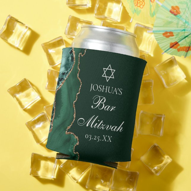 Dark Green Gold Agate Bar Mitzvah Party Can Cooler (In Situ Summer)