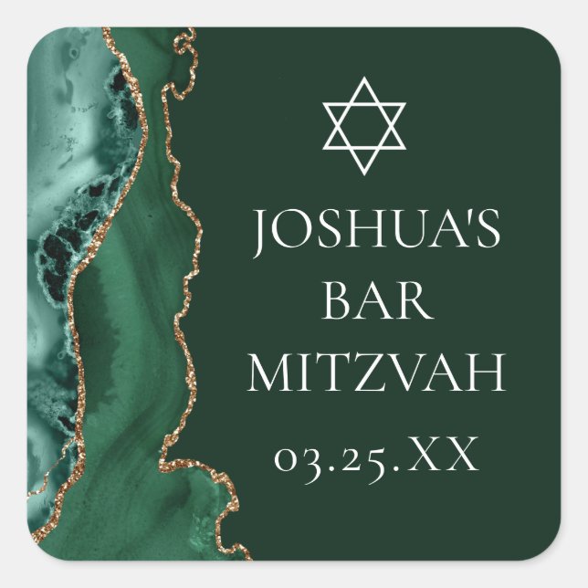 Dark Green Gold Agate Bar Mitzvah Party Square Sticker (Front)