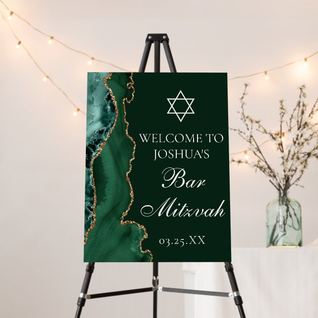 Dark Green Gold Agate Bar Mitzvah Party Welcome Foam Board (In Situ (Stand))