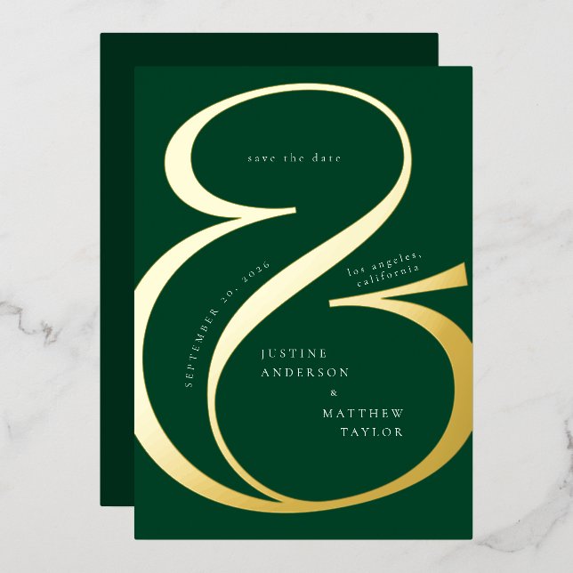 Dark Green Gold Ampersand Typography Save Date Foil Invitation (Front/Back)