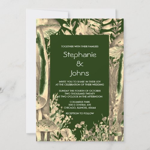 Dark Green Gold Artsy Mushroom Woodland Wedding Invitation