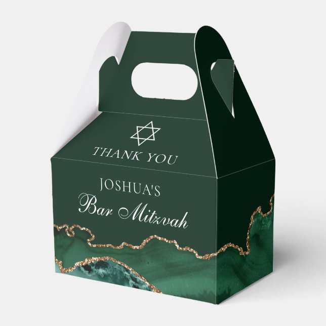 Dark Green Gold Bar Mitzvah Personalized Party Favor Boxes (Front Side)