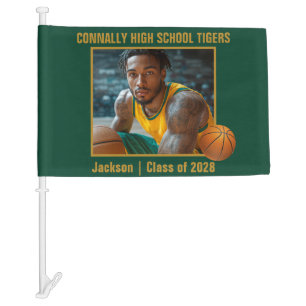 Dark Green Gold Basketball Player Photo Car Flag
