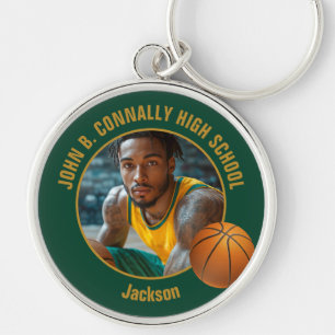 Dark Green Gold Basketball Player Photo Keychain