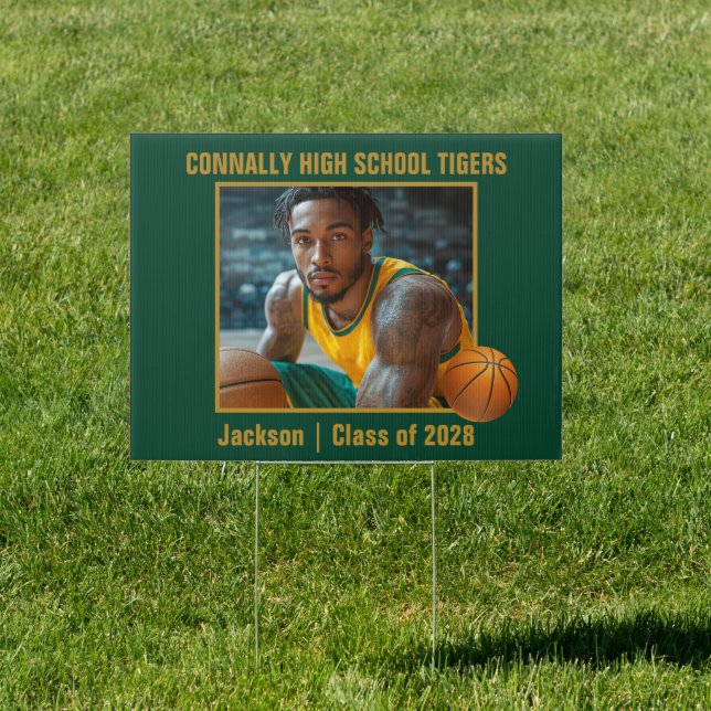 Dark Green Gold Basketball Player Photo Yard Sign (Insitu)