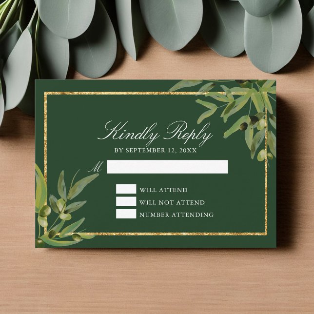 Dark Green Gold Botanical Leaf Kindly Reply RSVP Card (Creator Uploaded)