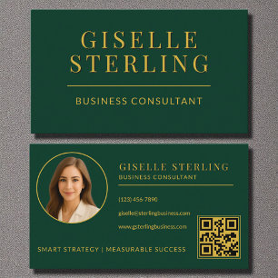 Dark Green Gold Business Consultant Photo QR Code Card