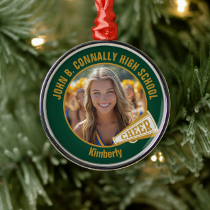 Dark Green Gold Cheerleader Photo Christmas Metal Ornament