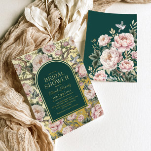 Dark Green Gold Chinoiserie Flowers Bridal Shower Foil Invitation