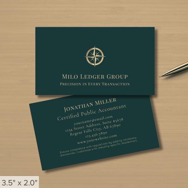 Dark Green Gold Compass Logo Business Card (Creator Uploaded)