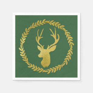 Dark Green Gold Deer Wreath Christmas Napkin