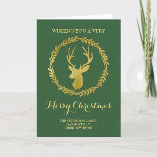 Dark Green Gold Deer Wreath Christmas New Address Holiday Card