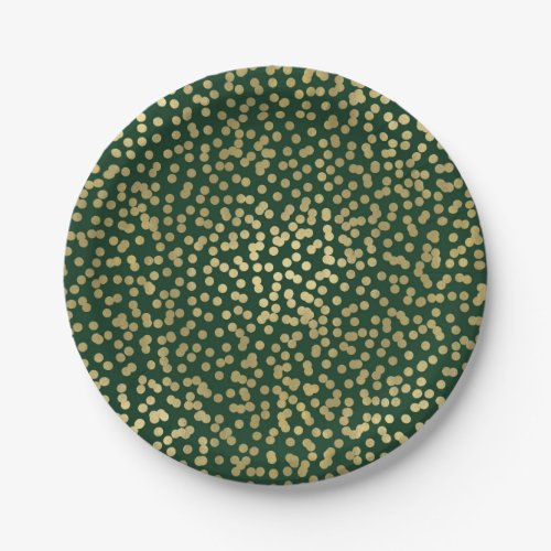 Dark Green & Gold Dots Confetti Elegant Glam Paper Plate