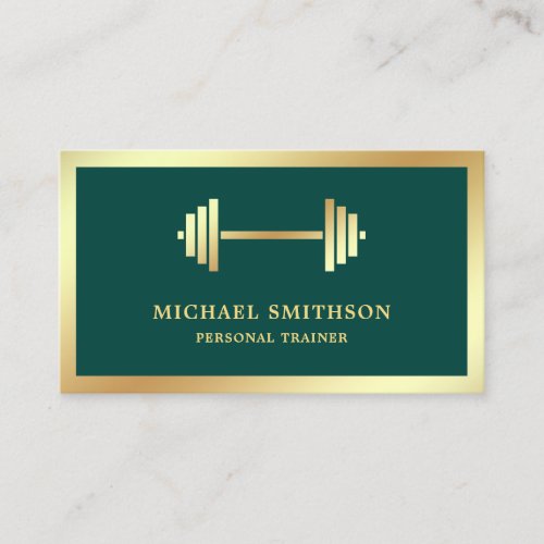 Dark Green Gold Dumbbell Fitness Personal Trainer Business Card
