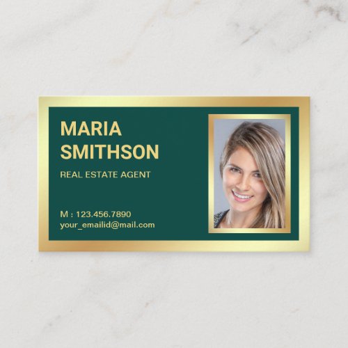 Dark Green Gold Foil Real Estate Realtor Photo Business Card