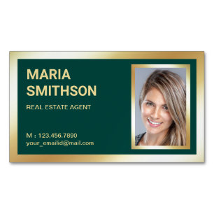 Dark Green Gold Foil Real Estate Realtor Photo Business Card Magnet