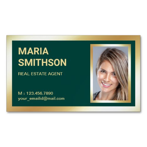 Dark Green Gold Foil Real Estate Realtor Photo Business Card Magnet