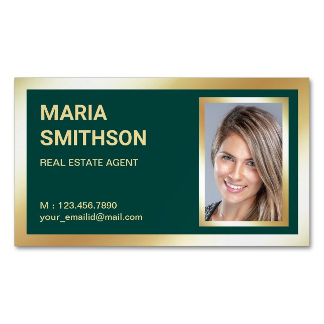 Dark Green Gold Foil Real Estate Realtor Photo Business Card Magnet (Front)