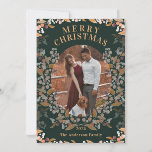 Dark Green Gold Framed Photo Holiday Card
