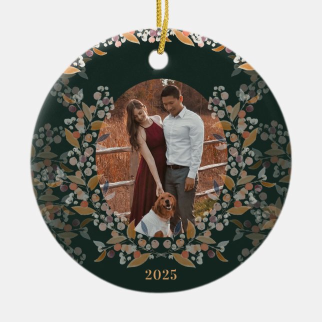 Dark Green Gold Framed Photo Holiday Ceramic Ornament (Front)
