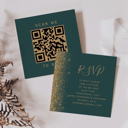 Dark Green Gold Glitter Wedding QR Code RSVP Enclosure Card