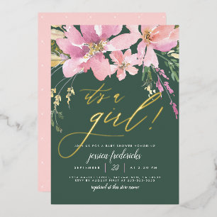Dark Green & Gold It's A Girl Floral Baby Shower Foil Invitation