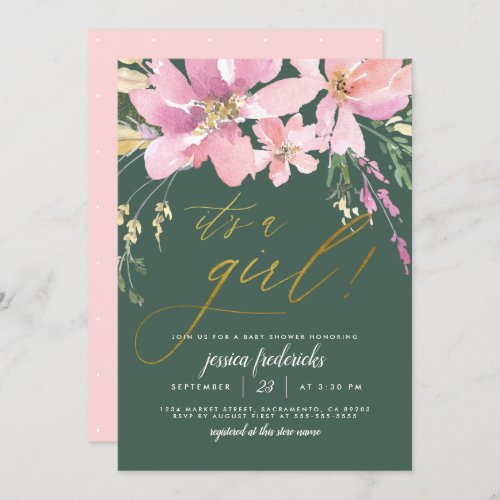 Dark Green  Gold Its A Girl Floral Baby Shower Invitation