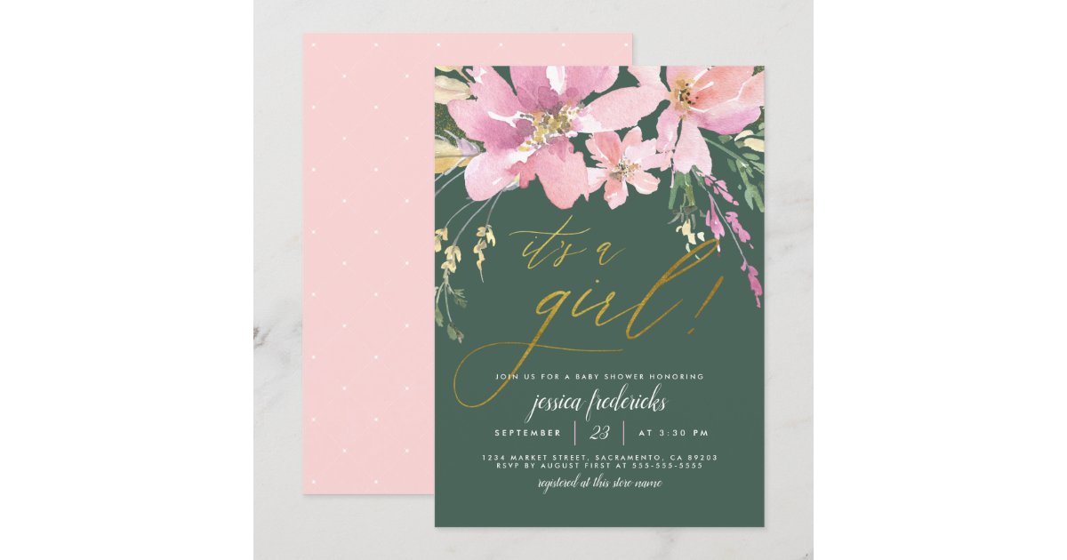 Dark Green & Gold It's A Girl Floral Baby Shower Invitation Zazzle