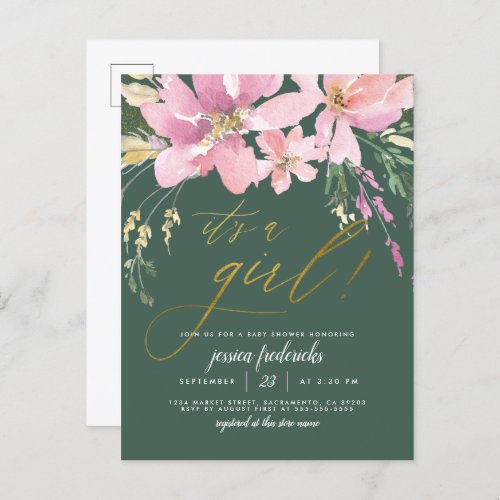 Dark Green  Gold Its A Girl Floral Baby Shower Invitation Postcard