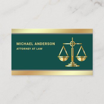 Dark Green Gold Justice Scale Lawyer Attorney Business Card by ShabzDesigns at Zazzle