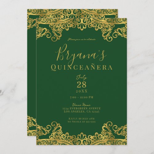 Dark Green  Gold Lace Elegant Quinceaera Party  Invitation