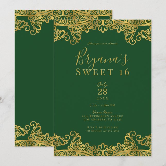 Dark Green & Gold Lace Elegant Sweet 16 Party  Invitation (Front/Back)