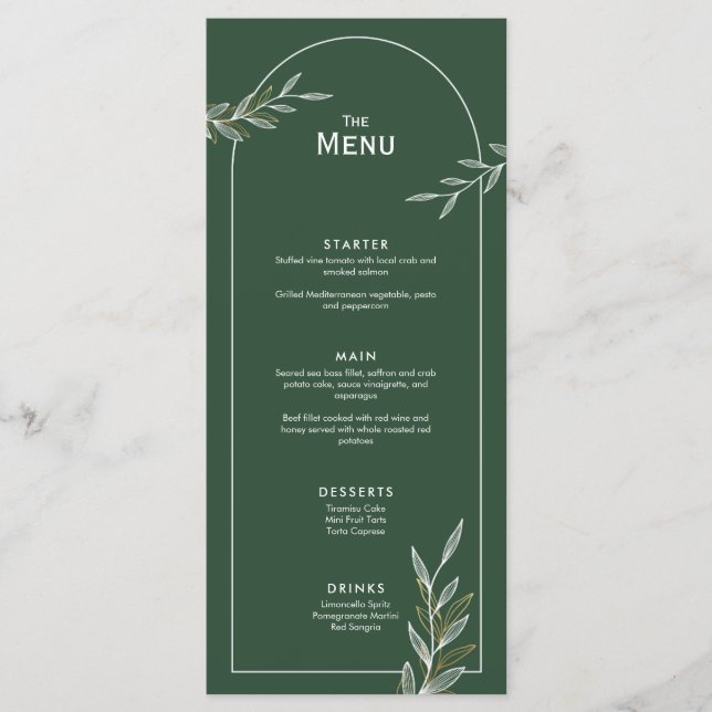 Dark Green Gold Leaf Wedding Event Menu Flat Card (Front)