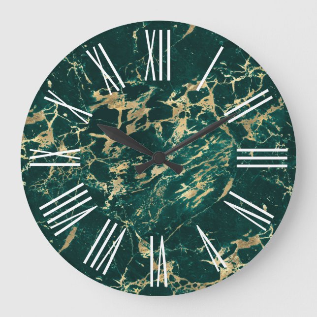 Dark Green Gold Marble White Roman Numerals Large Clock (Front)