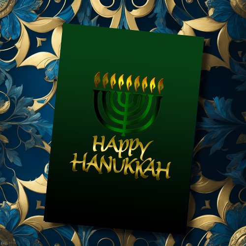 Dark Green Gold Menorah Flames Happy Hanukkah Card