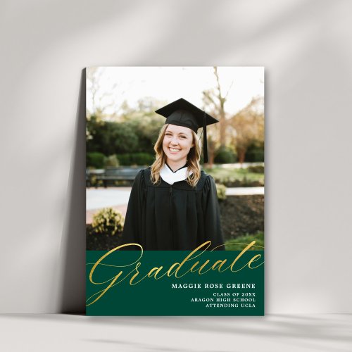 Dark Green Gold Modern Script  Graduation Photo Announcement