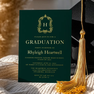 Dark Green Gold Monogram Crest Graduation Party Foil Invitation