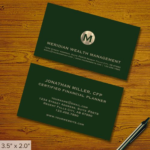 Dark Green Gold Monogram Financial Business Card